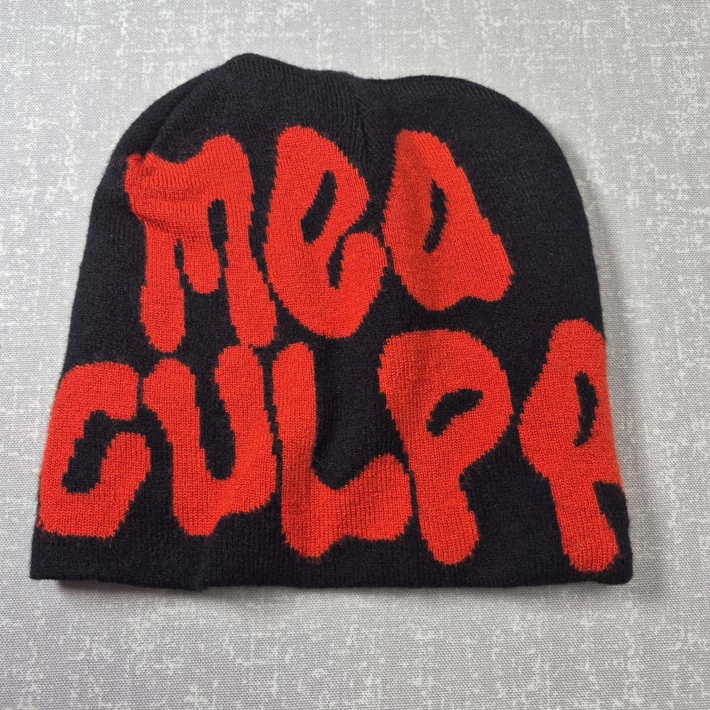 Mea Culpa Beanie Black Red Jacquard Knit Streetwear Hat Y2K Graphic Logo